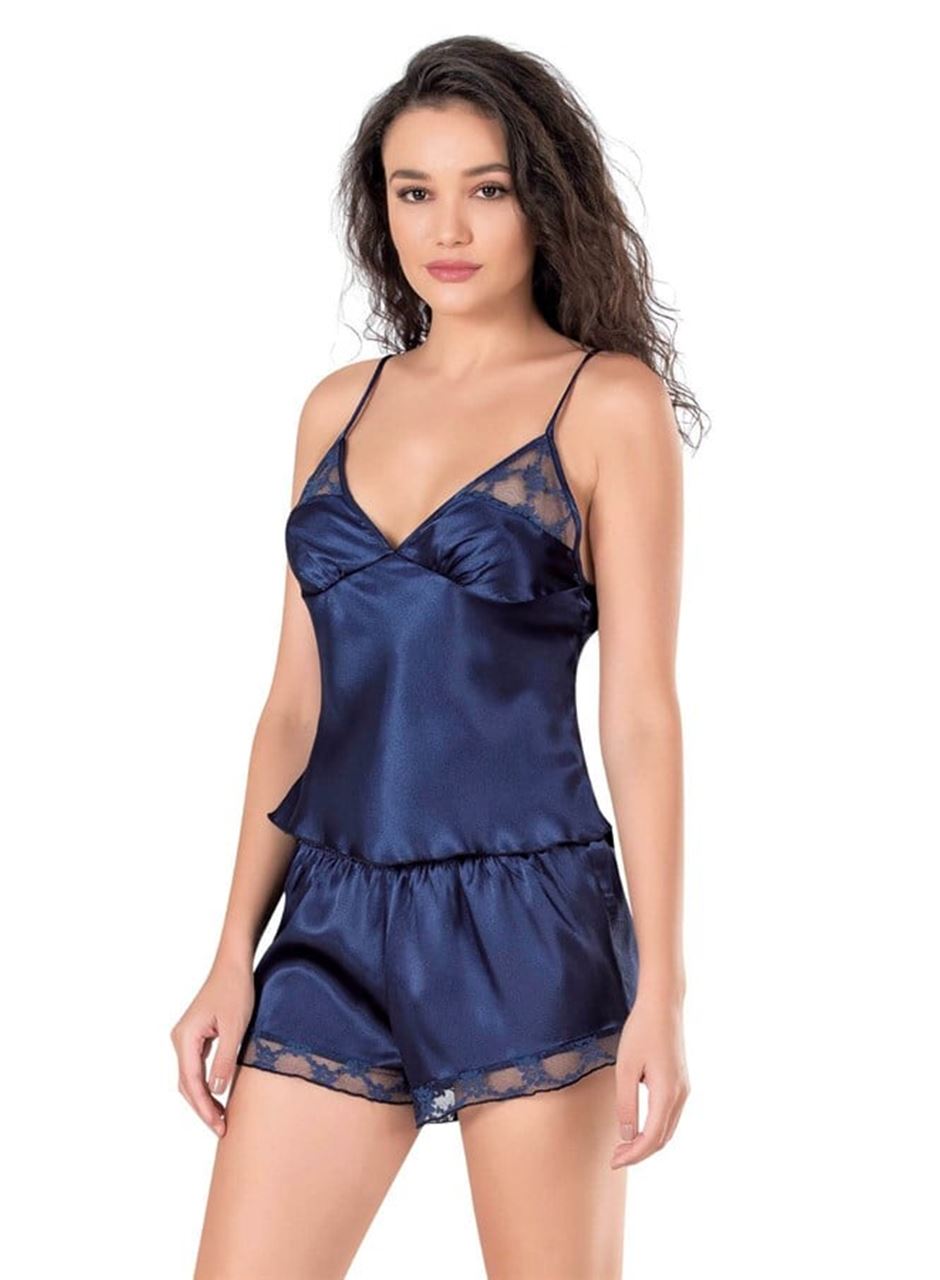 Lacivert Saten Babydoll Şort Takımı