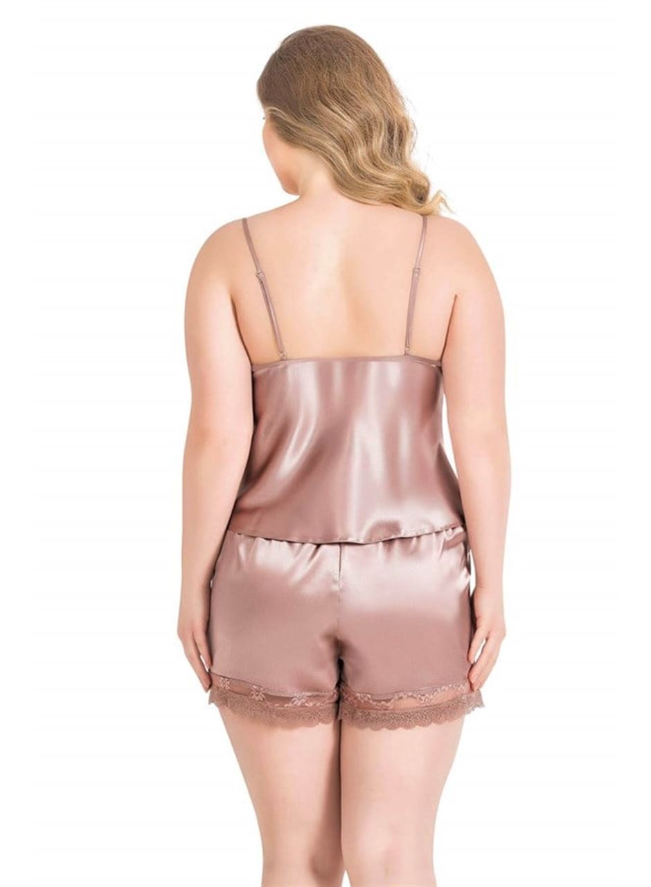 Büyük Beden Vizon Saten Babydoll Şort Takımı