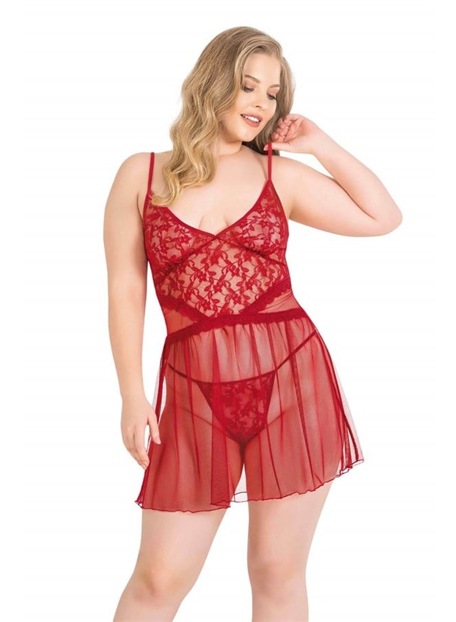 Büyük Beden Kırmızı Kısa Tül Gecelik