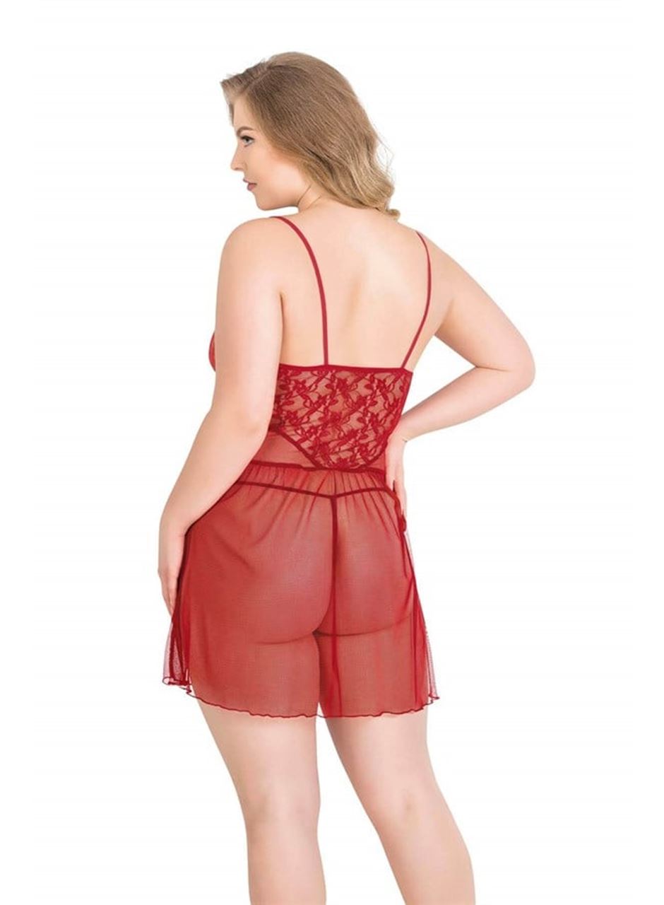 Büyük Beden Kırmızı Kısa Tül Gecelik