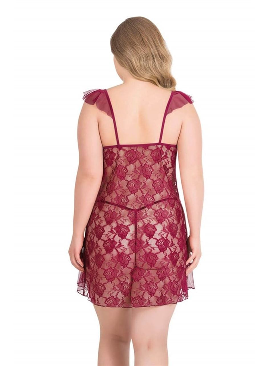 Büyük Beden Bordo Kısa Tül Gecelik