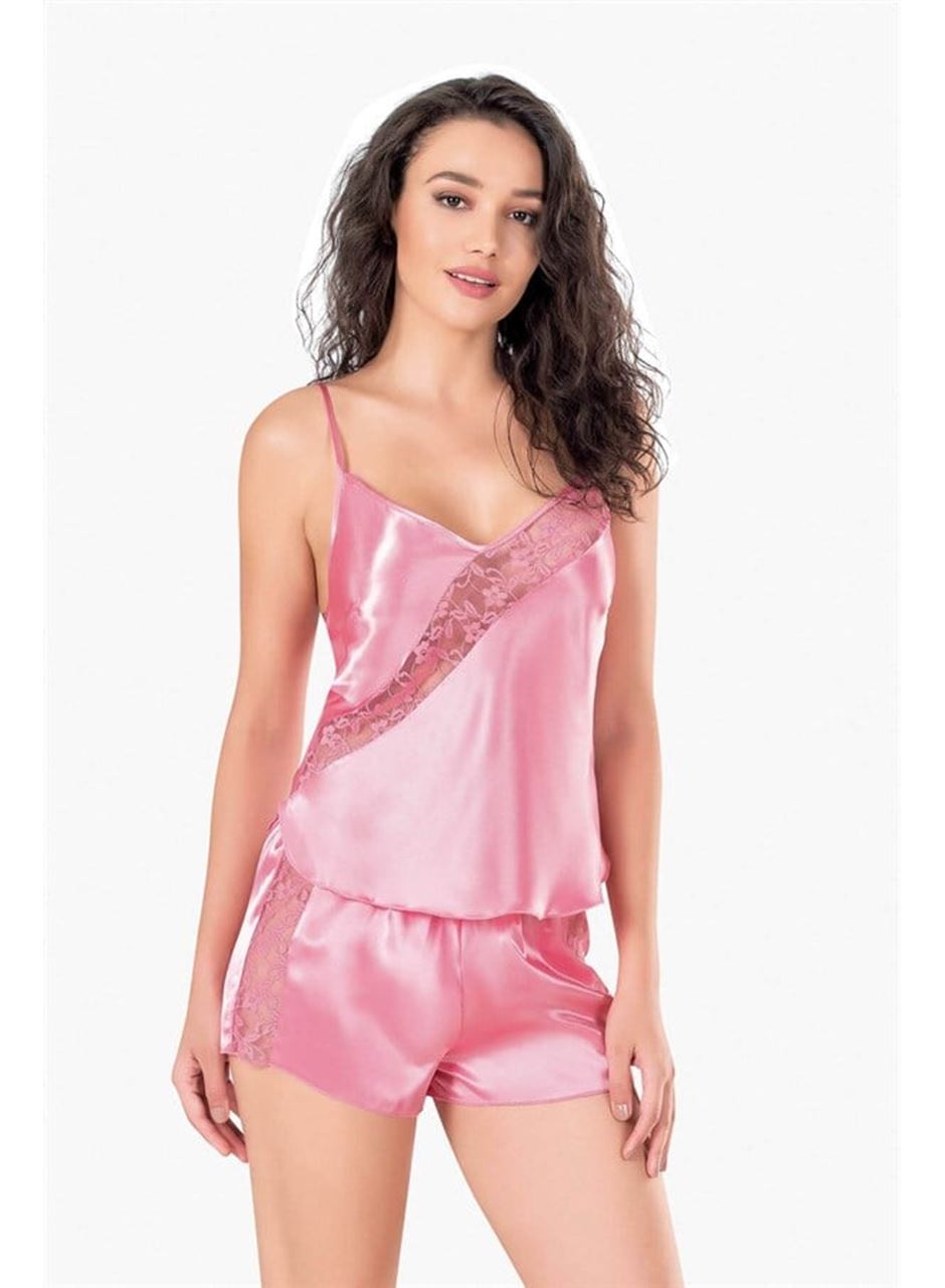 Koyu Pembe Saten Babydoll Şort Takımı