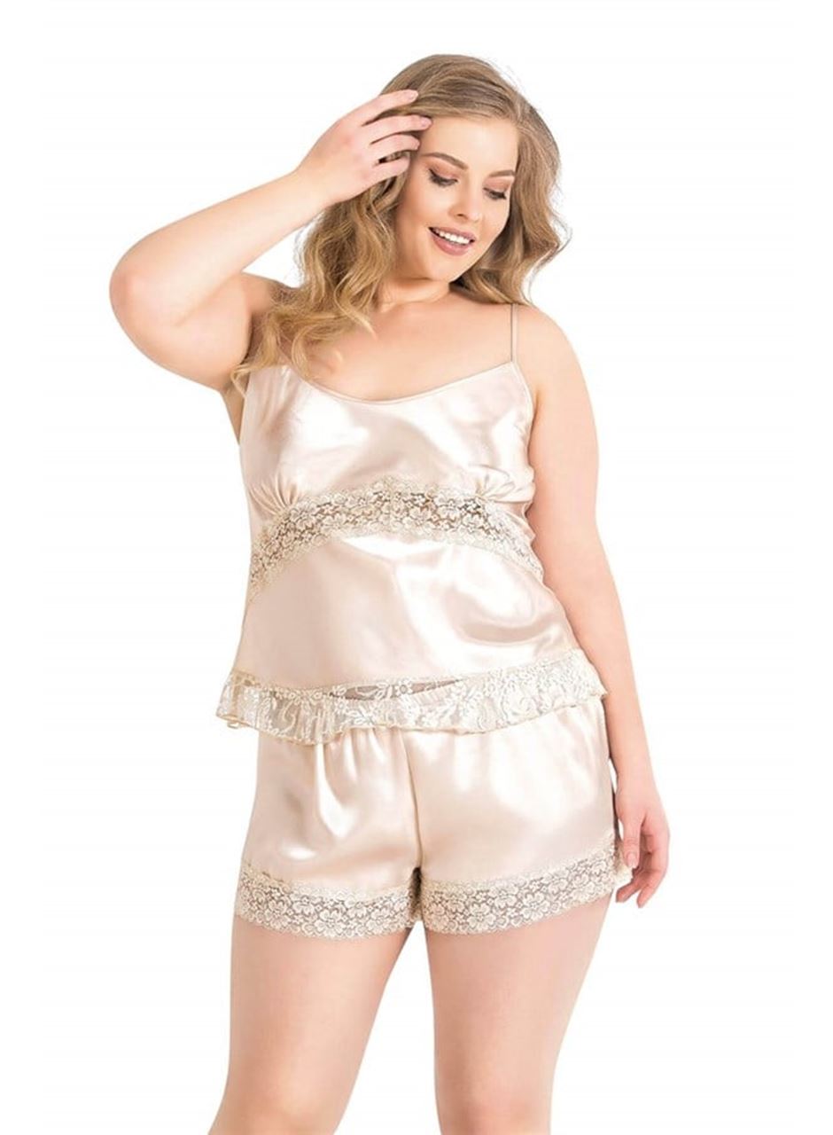 Büyük Beden Fildişi Saten Babydoll Şort Takımı