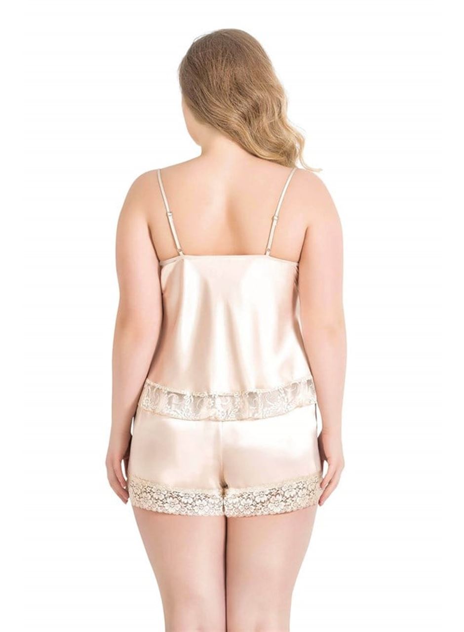 Büyük Beden Fildişi Saten Babydoll Şort Takımı
