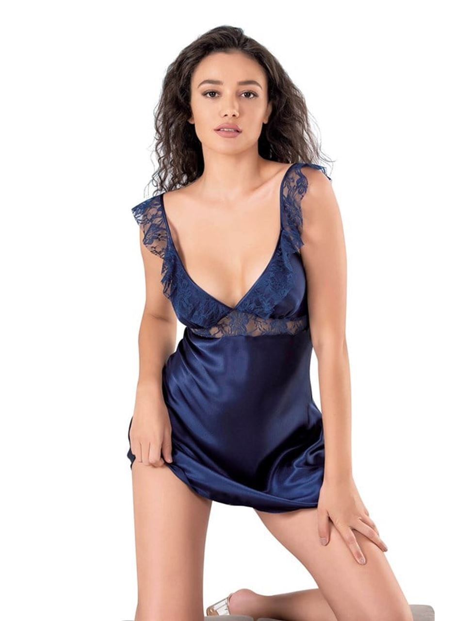 Lacivert Kısa Saten Gecelik