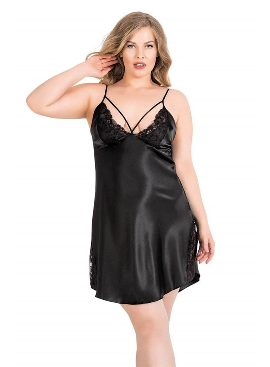 Büyük Beden Siyah Kısa İkili Saten Sabahlık Gecelik Takımı 6151