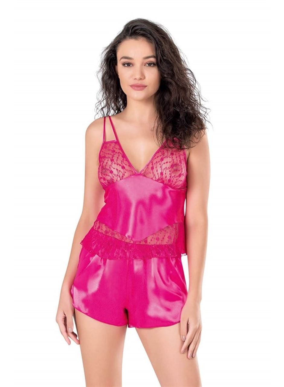 Fuşya Saten Babydoll Şort Takımı