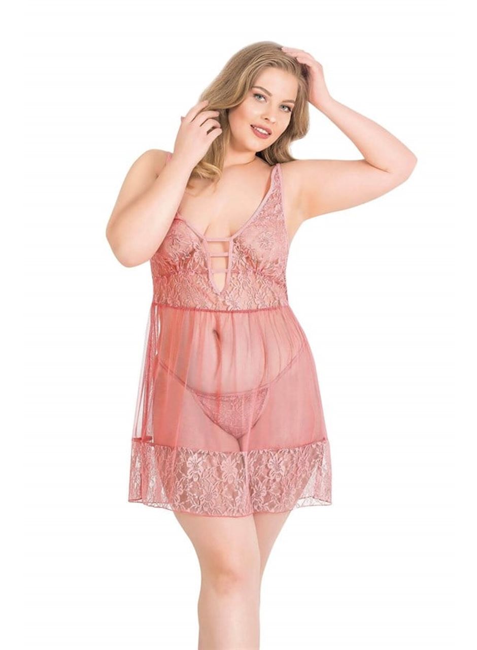 Büyük Beden Mercan Kısa Tül Gecelik