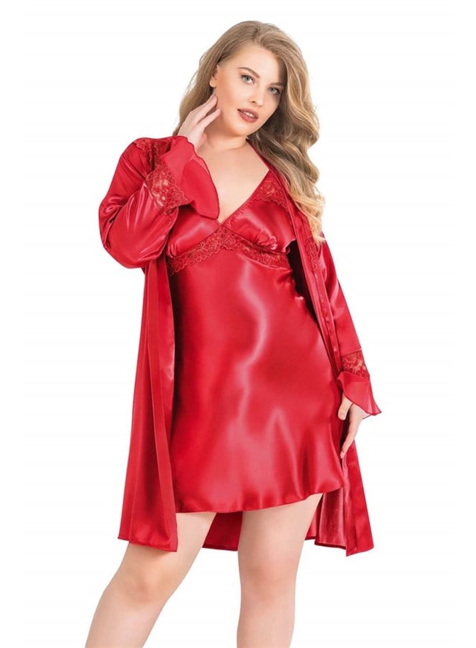 Büyük Beden Kırmızı Kısa İkili Saten Sabahlık Gecelik Takımı
