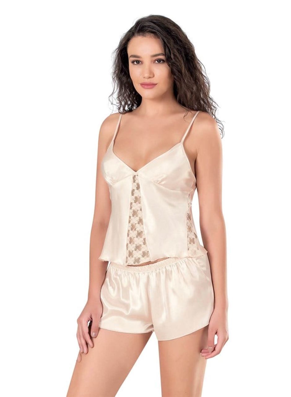 Fildişi Saten Babydoll Şort Takımı