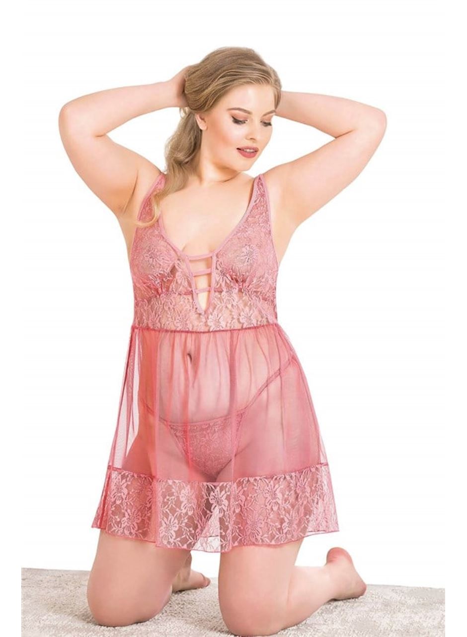 Büyük Beden Mercan Kısa Tül Gecelik