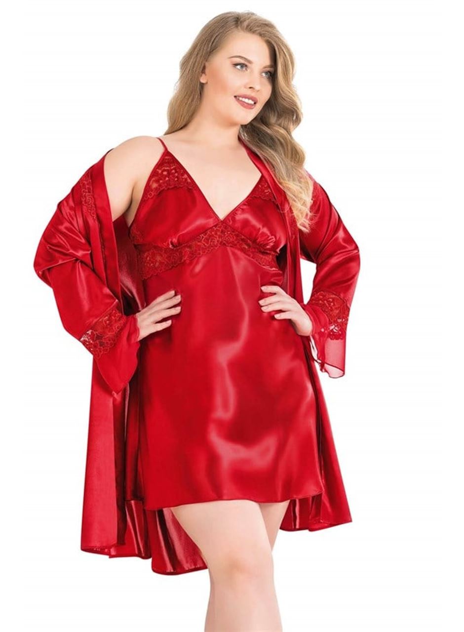 Büyük Beden Kırmızı Kısa İkili Saten Sabahlık Gecelik Takımı