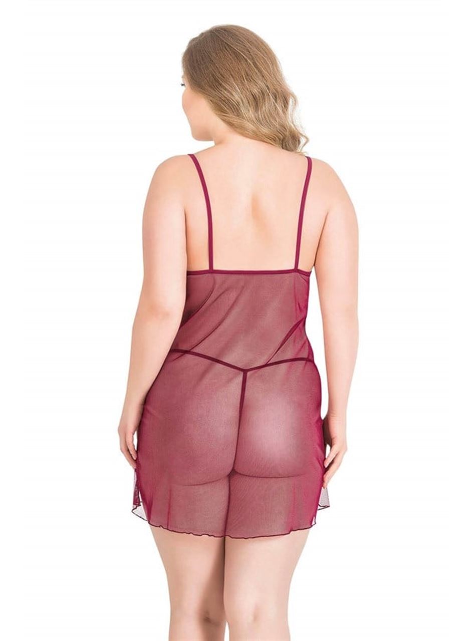 Büyük Beden Bordo Kısa Tül Gecelik