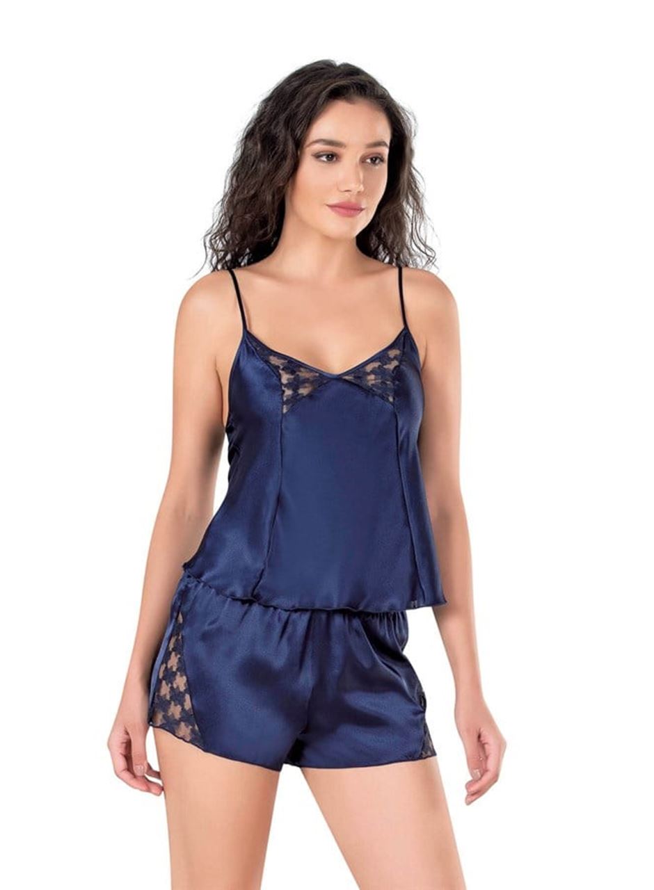 Lacivert Saten Babydoll Şort Takımı