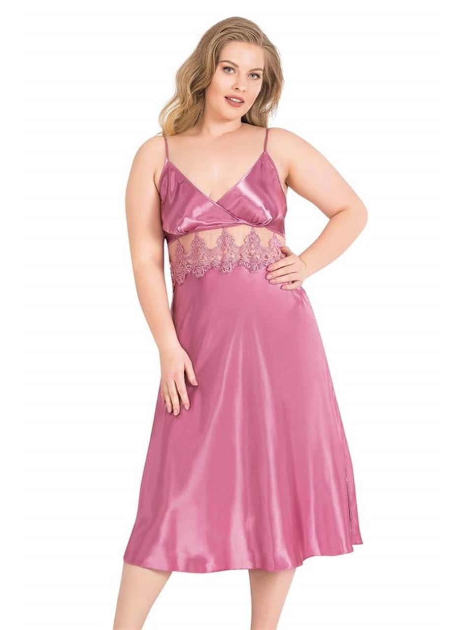 Büyük Beden Gül Kurusu Uzun İkili Saten Sabahlık Gecelik Takımı