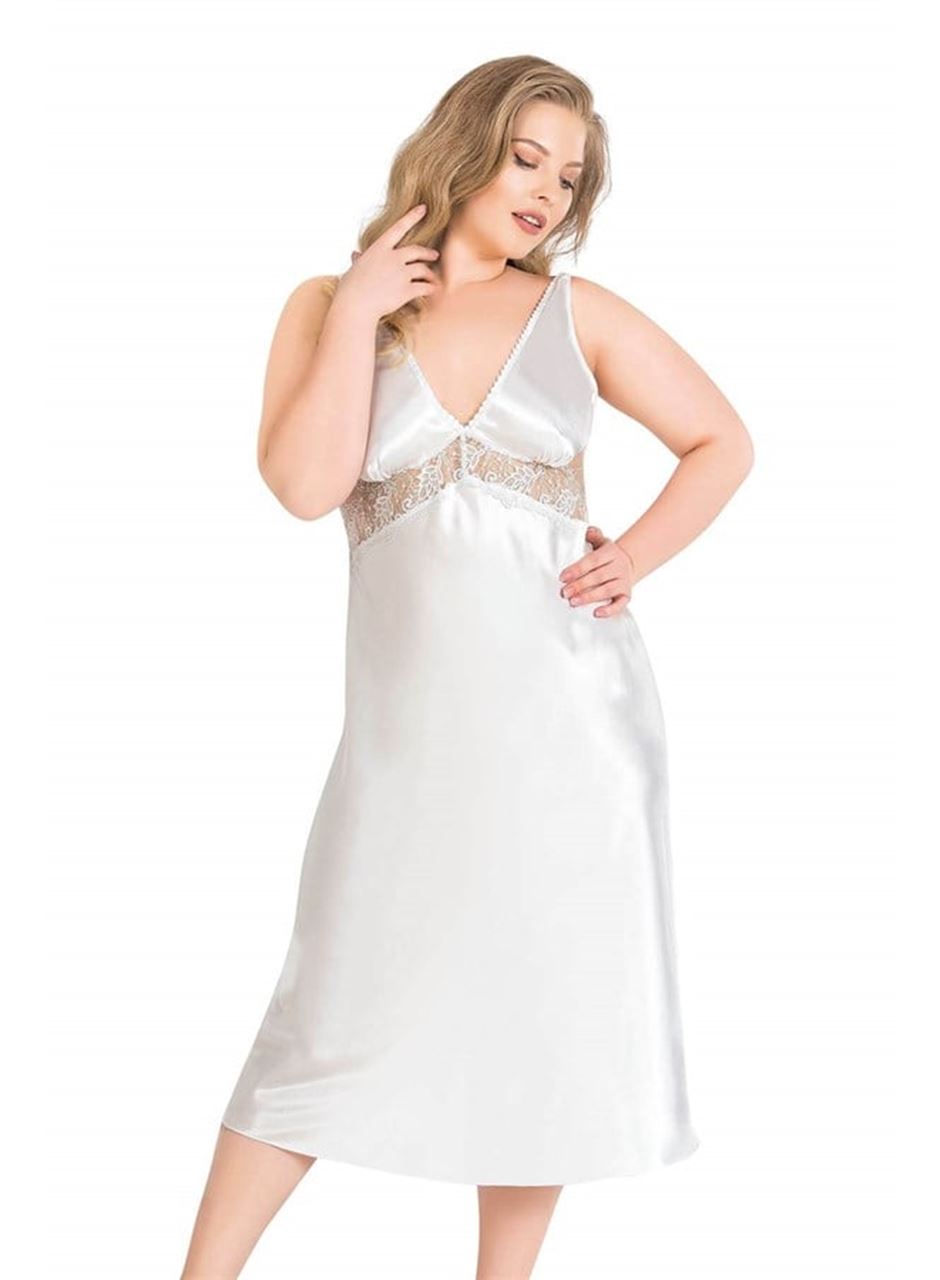 Büyük Beden Ekru Uzun İkili Saten Sabahlık Gecelik Takımı