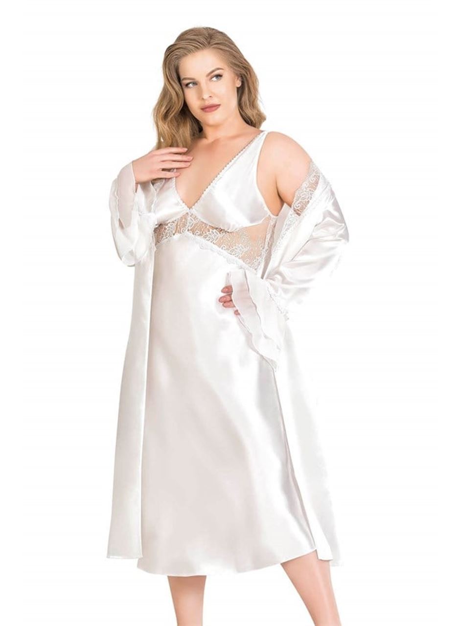 Büyük Beden Ekru Uzun İkili Saten Sabahlık Gecelik Takımı