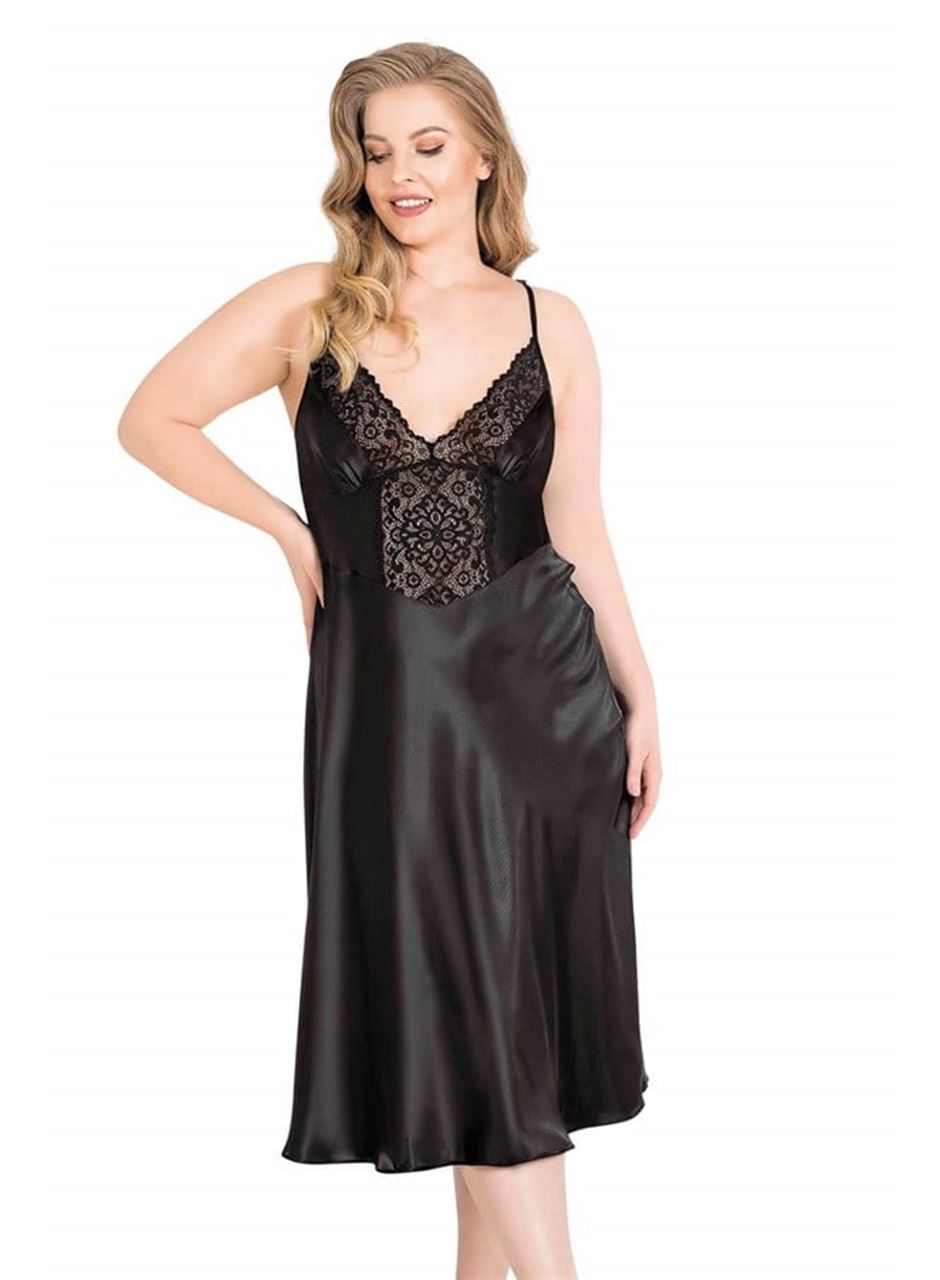 Büyük Beden Siyah Uzun Saten Gecelik