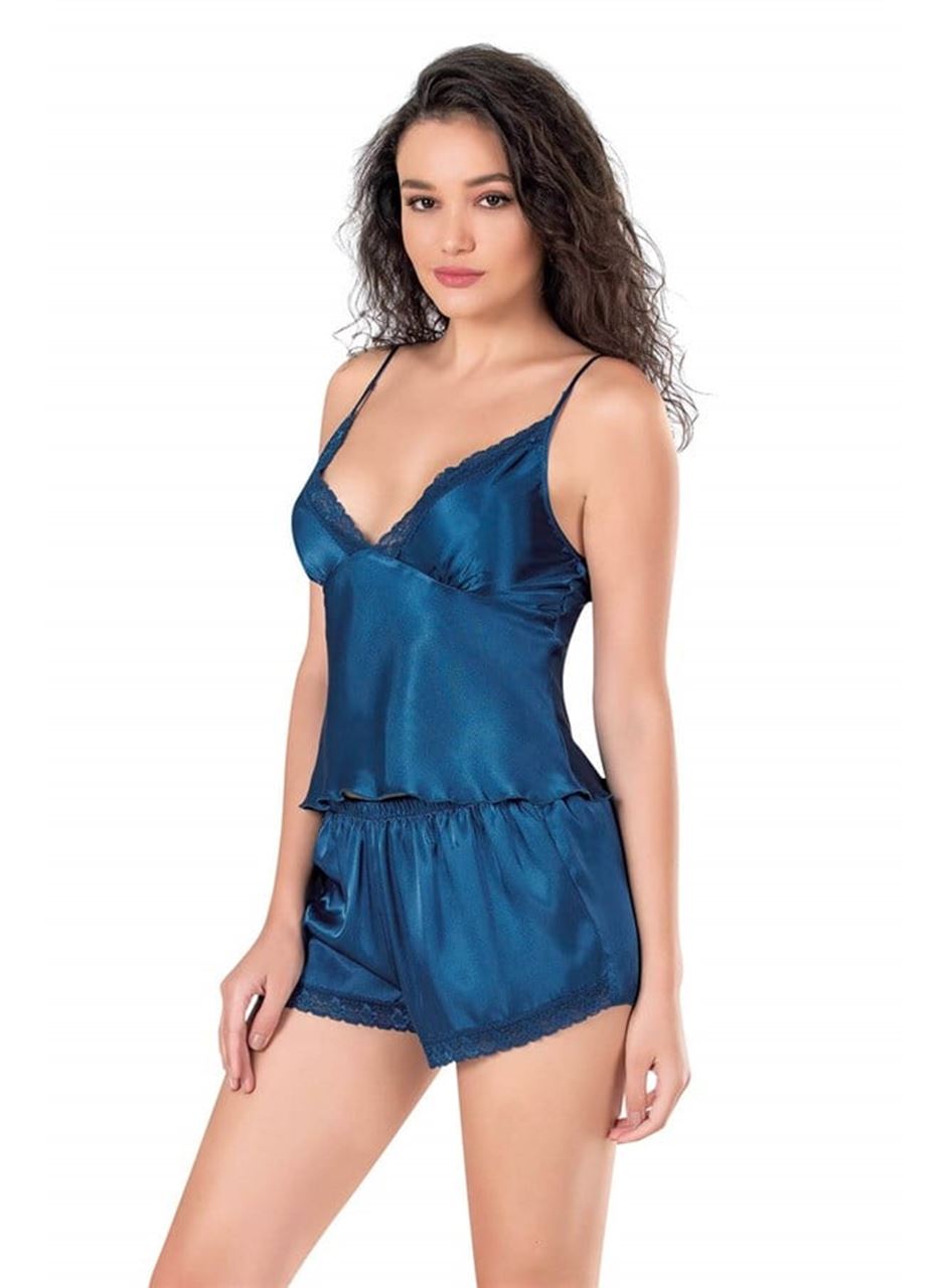Petrol Mavi Saten Babydoll Şort Takımı