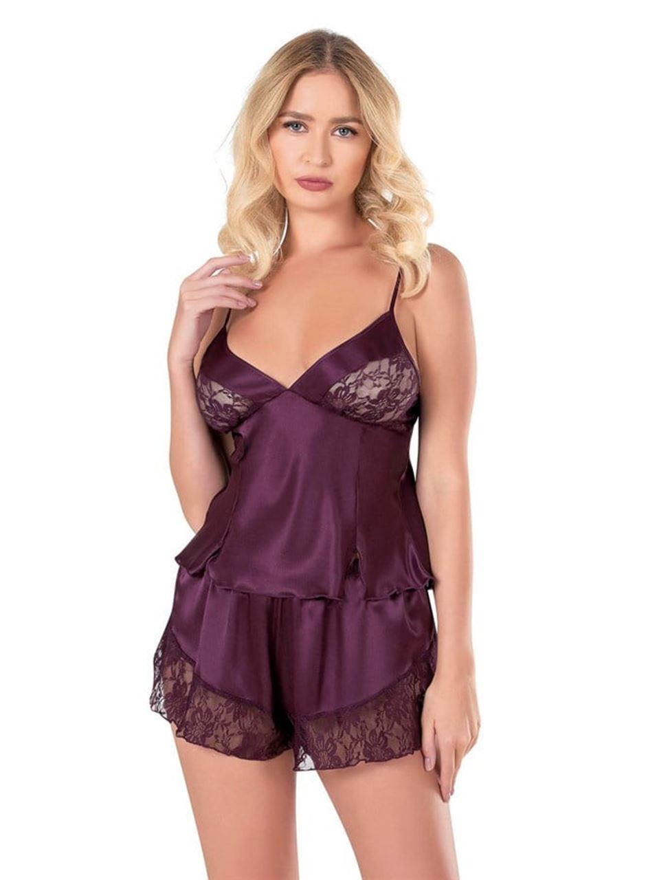 Mürdüm Saten Babydoll Şort Takımı