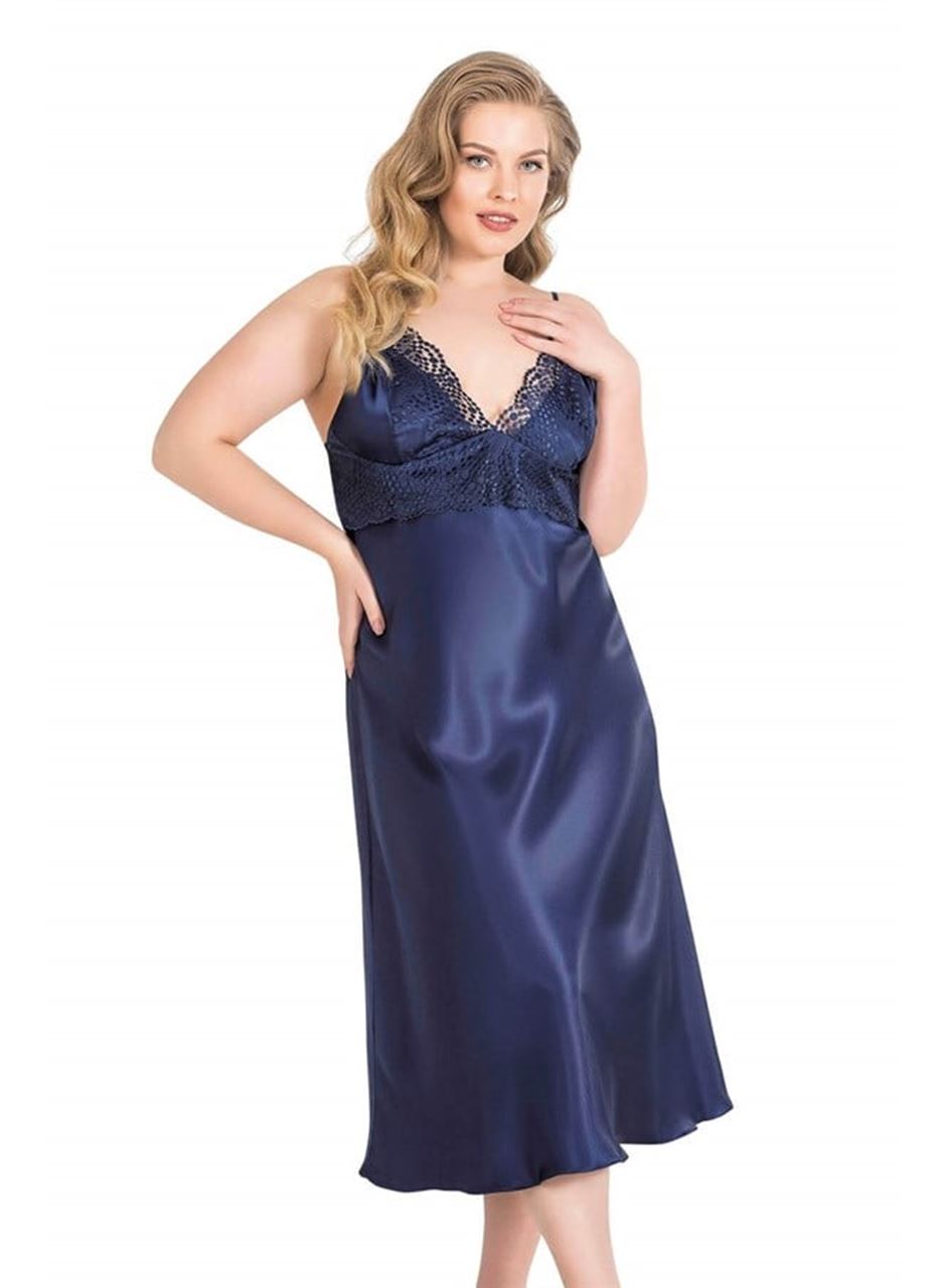 Büyük Beden Lacivert Uzun İkili Saten Sabahlık Gecelik Takımı