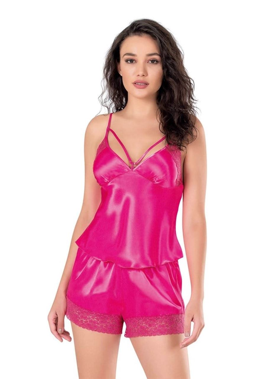 Fuşya Saten Babydoll Şort Takımı