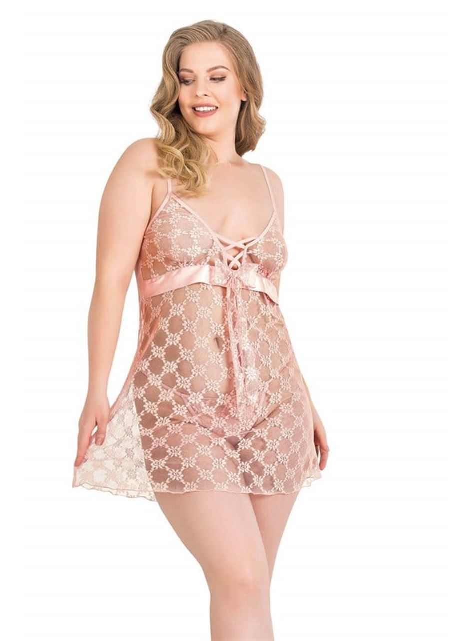 Büyük Beden Somon Kısa Tül Gecelik