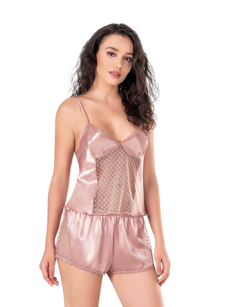 Koyu Pudra Saten Babydoll Şort Takımı