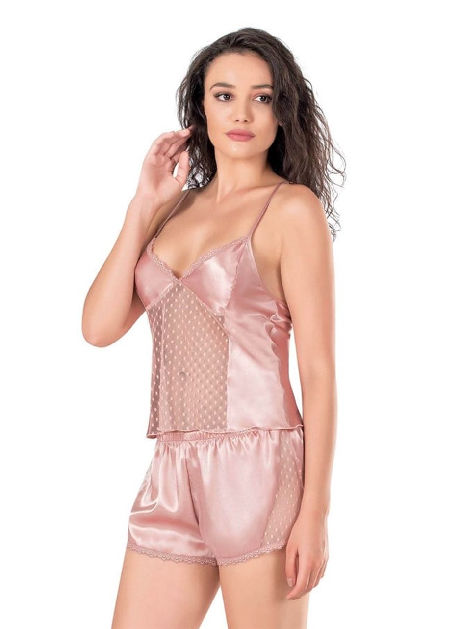 Koyu Pudra Saten Babydoll Şort Takımı