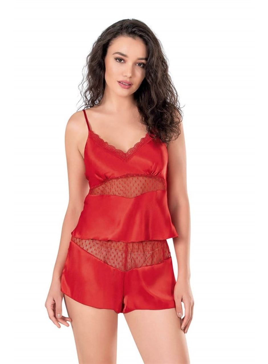 Kırmızı Saten Babydoll Şort Takımı