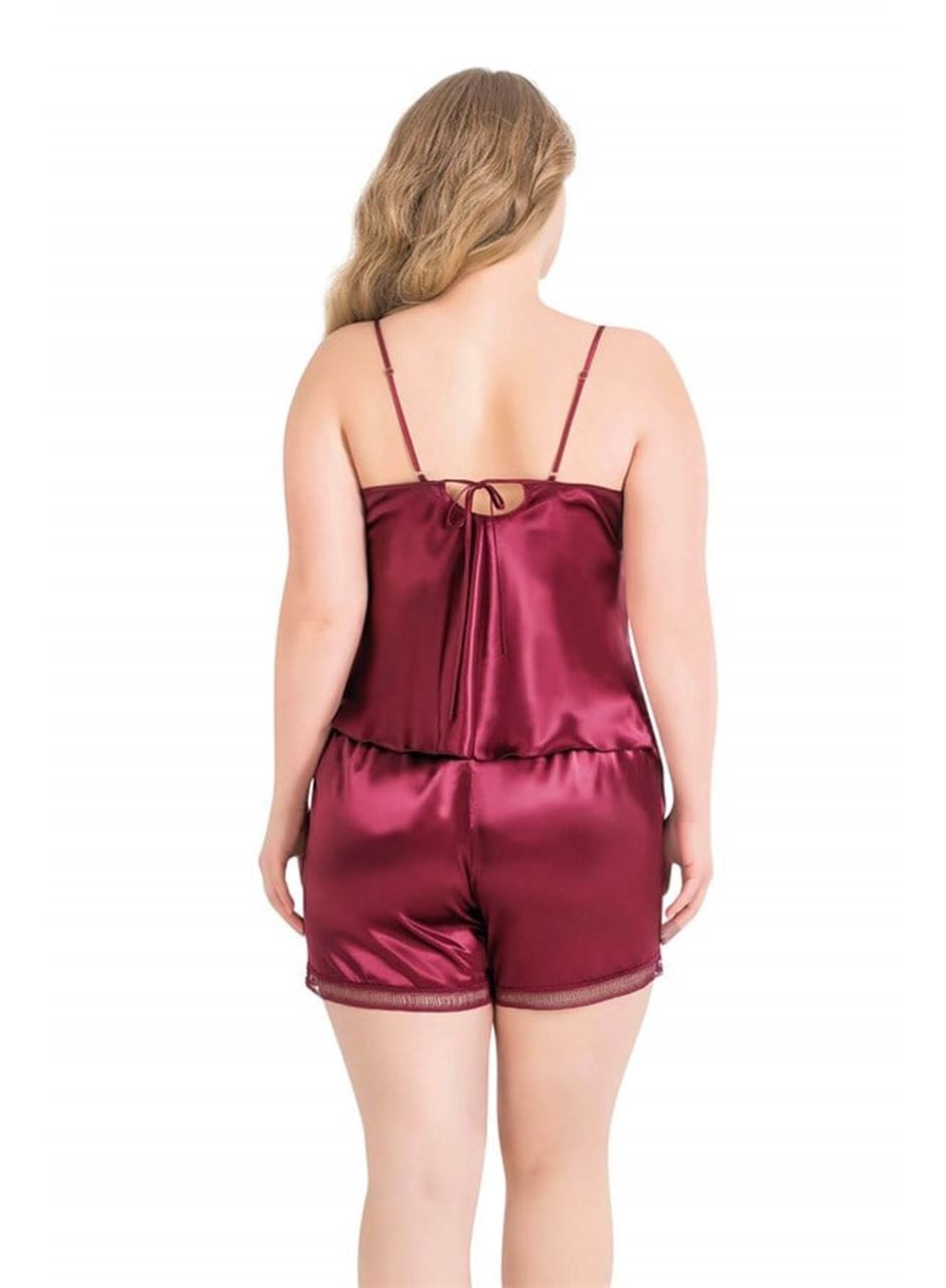 Büyük Beden Bordo Saten Babydoll Şort Takımı