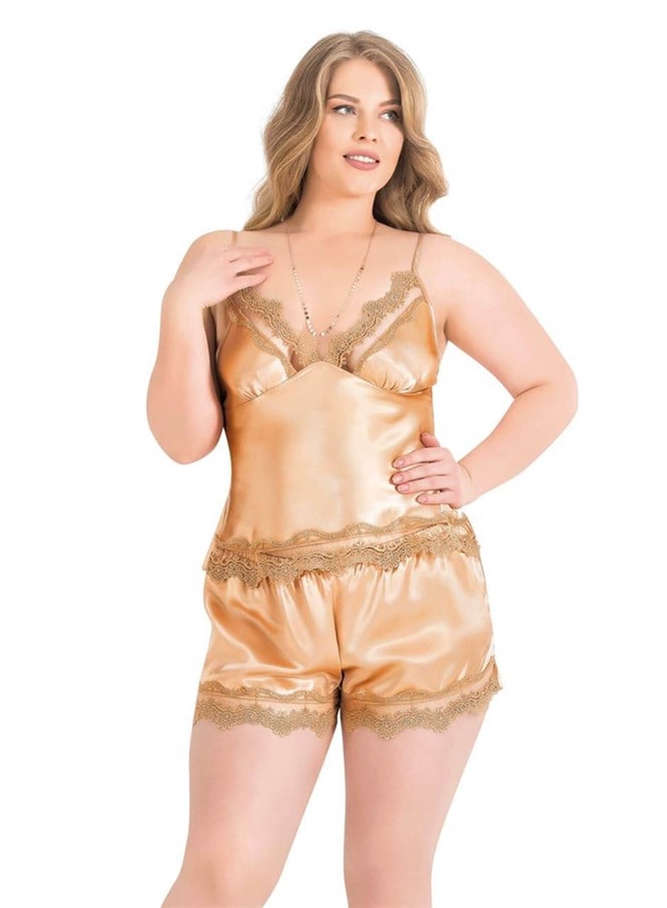 Büyük Beden Gold Saten Babydoll Şort Takımı