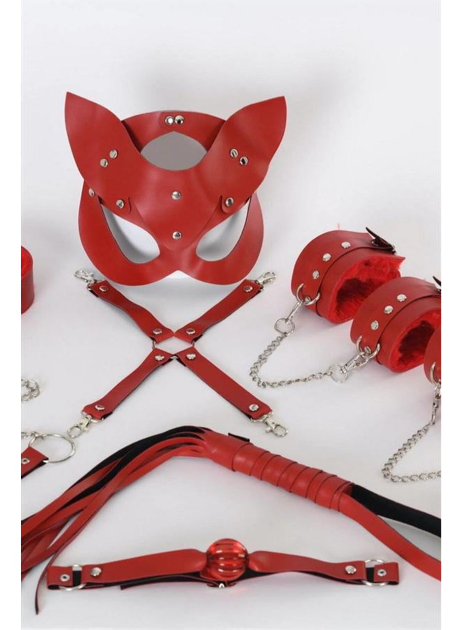 Kırmızı İçi Tüylü Maske,Kol,Bacak,Ağız Topu,Kırbaç,Tasma Harness Set