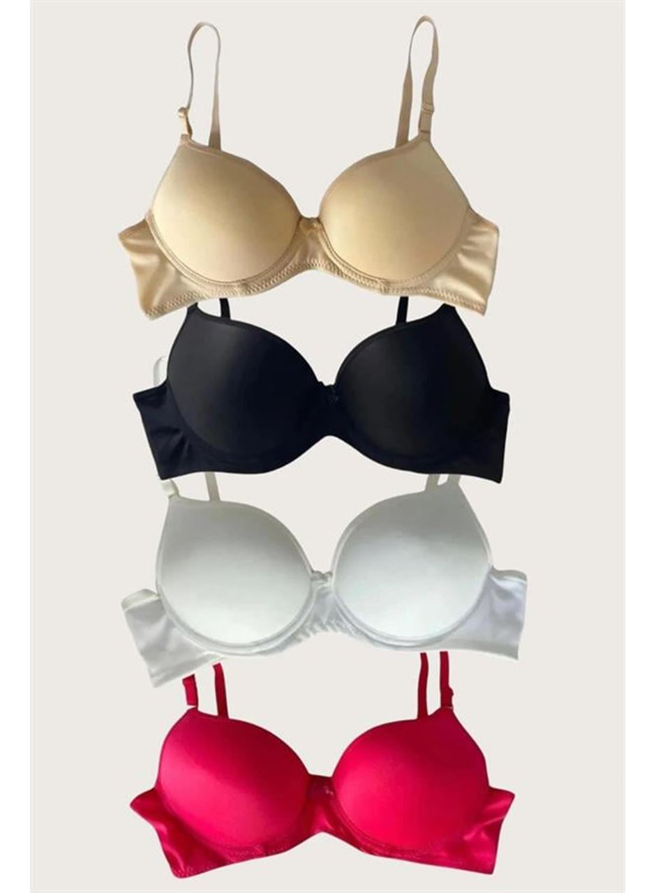 Siyah-Beyaz-Kırmızı-Ten 4'lü Dolgulu Push Up Micro Balenli Günlük Tek Destekli Sütyen