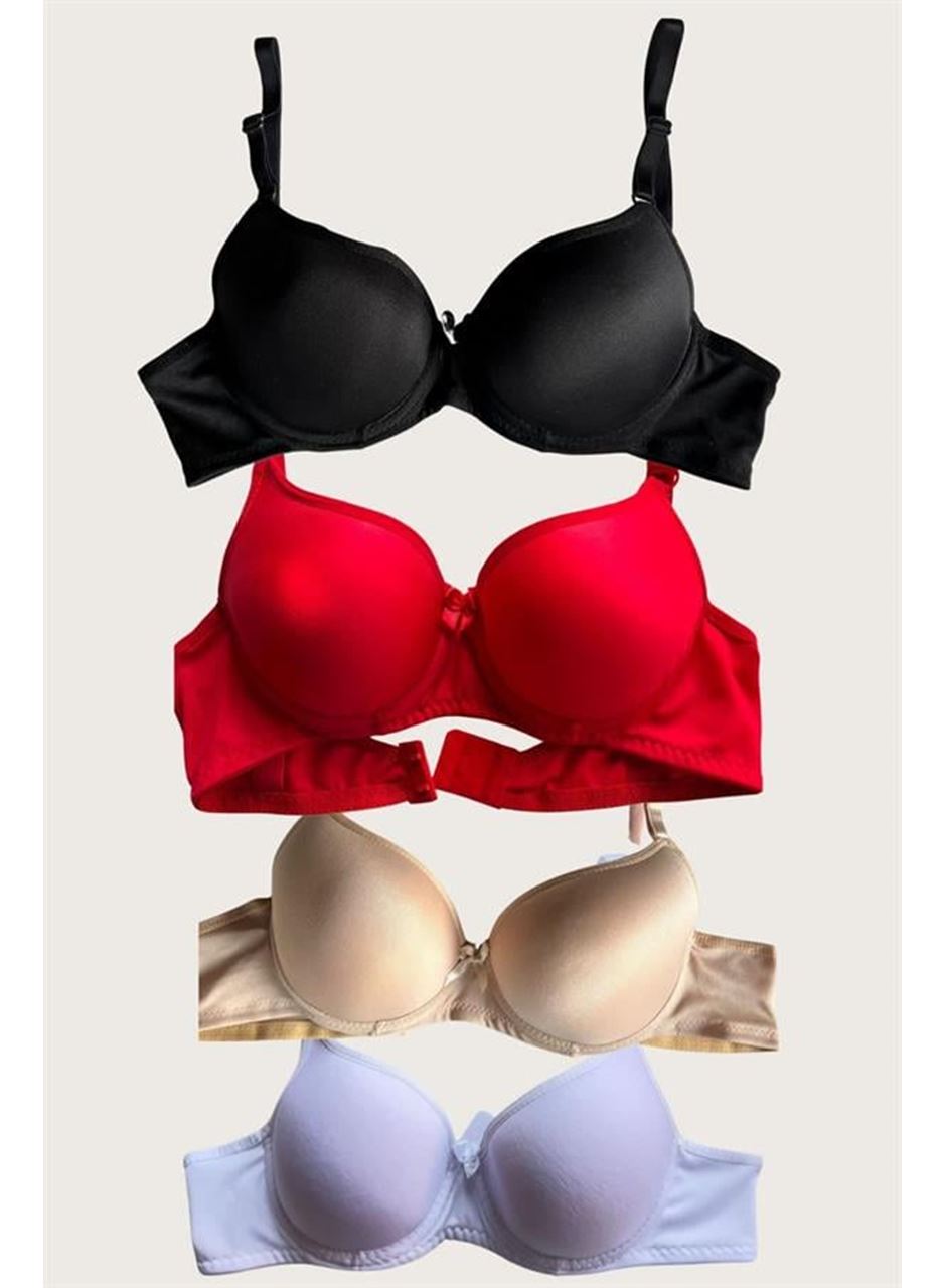 Siyah-Beyaz-Kırmızı-Ten 4'lü İçi Boş Micro Balenli Günlük Tek Desteksiz Sütyen