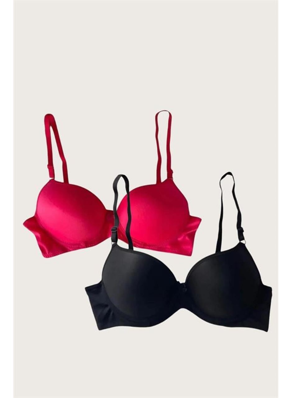 Siyah-Kırmızı 2'li Mikro Kumaş İçi Boş Balenli Günlük Desteksiz Sütyen