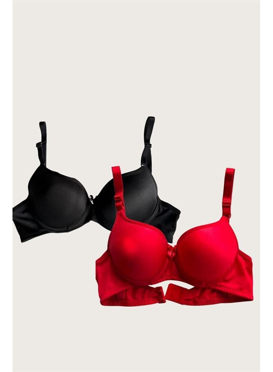 Siyah-Kırmızı 2'li Mikro Kumaş İçi Boş Balenli Günlük Desteksiz Sütyen