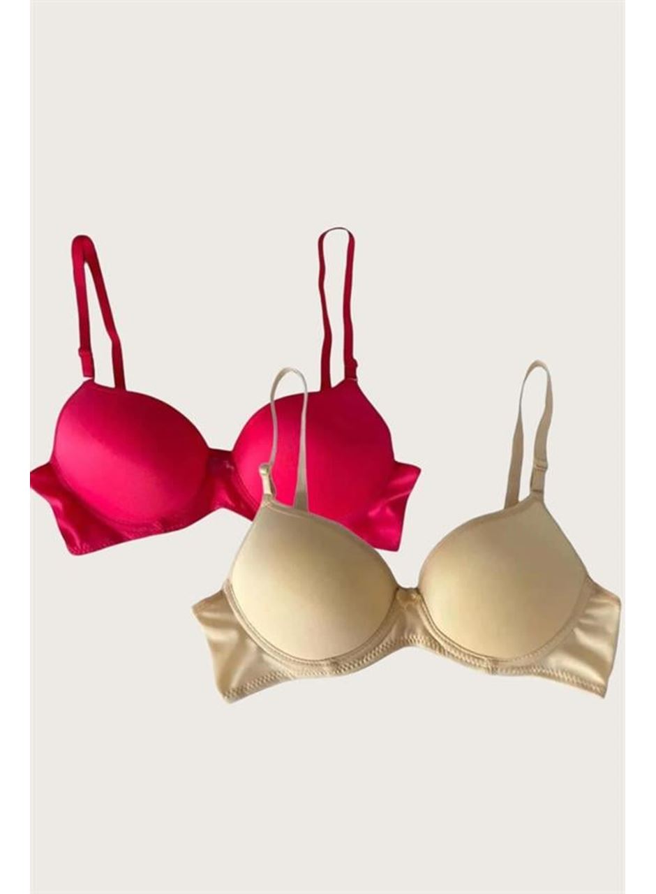 Kırmızı-Ten 2'li Mikro Kumaş İçi Boş Balenli Günlük Desteksiz Sütyen