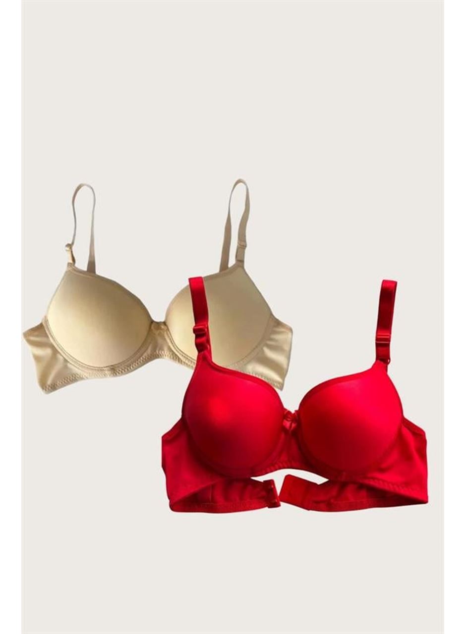 Kırmızı-Ten 2'li Mikro Kumaş İçi Boş Balenli Günlük Desteksiz Sütyen