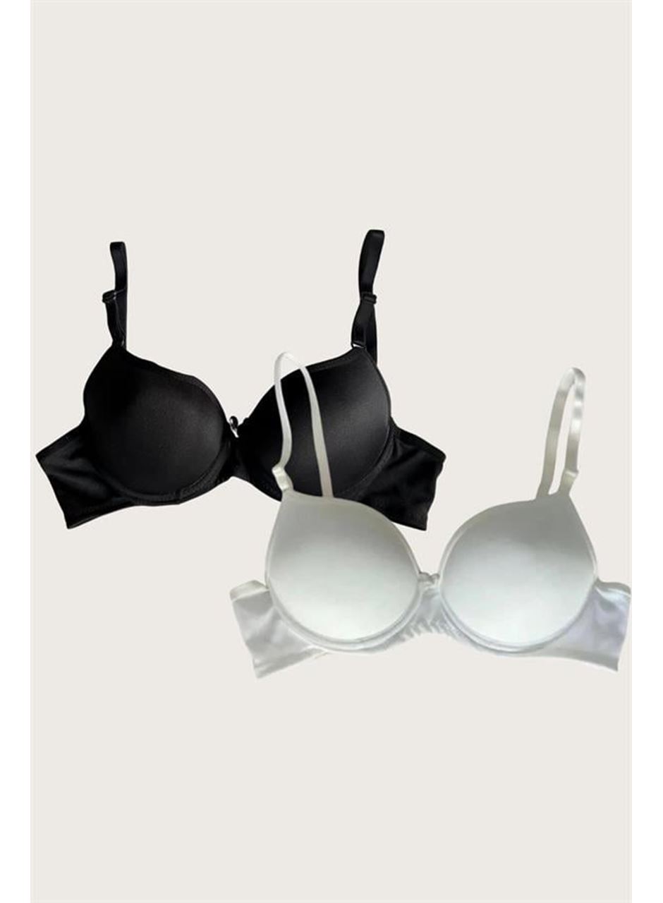 Siyah-Beyaz 2'li Mikro Kumaş Push Up Dolgulu Balenli Günlük Destekli Sütyen