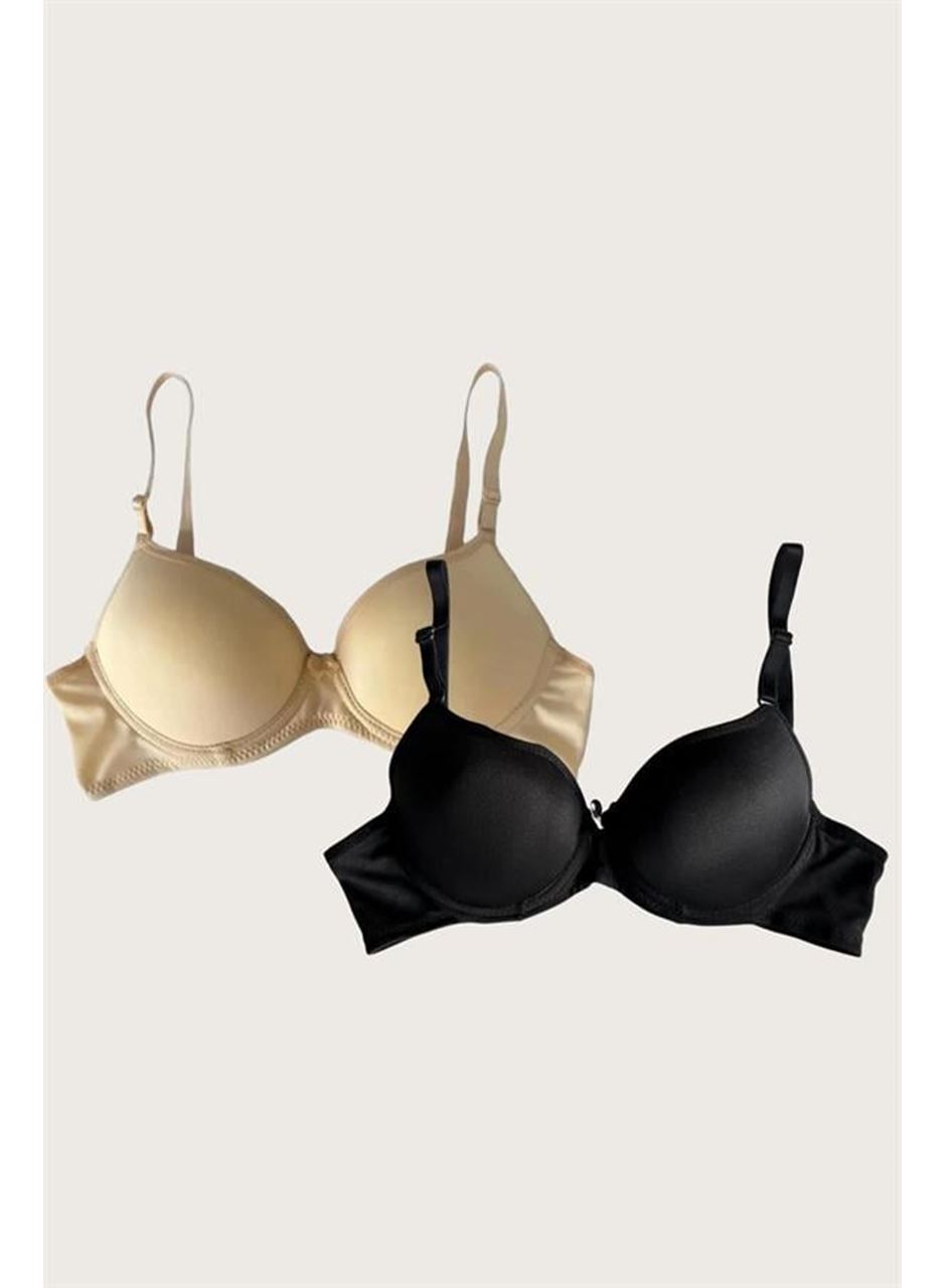 Siyah-Ten 2'li Mikro Kumaş Push Up Dolgulu Balenli Günlük Destekli Sütyen