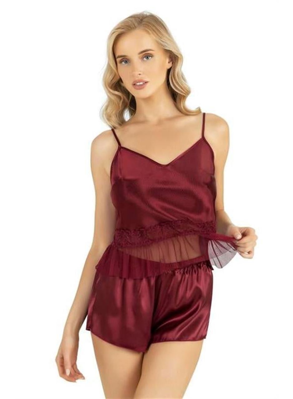 Bordo Saten Şort Takımı 9209