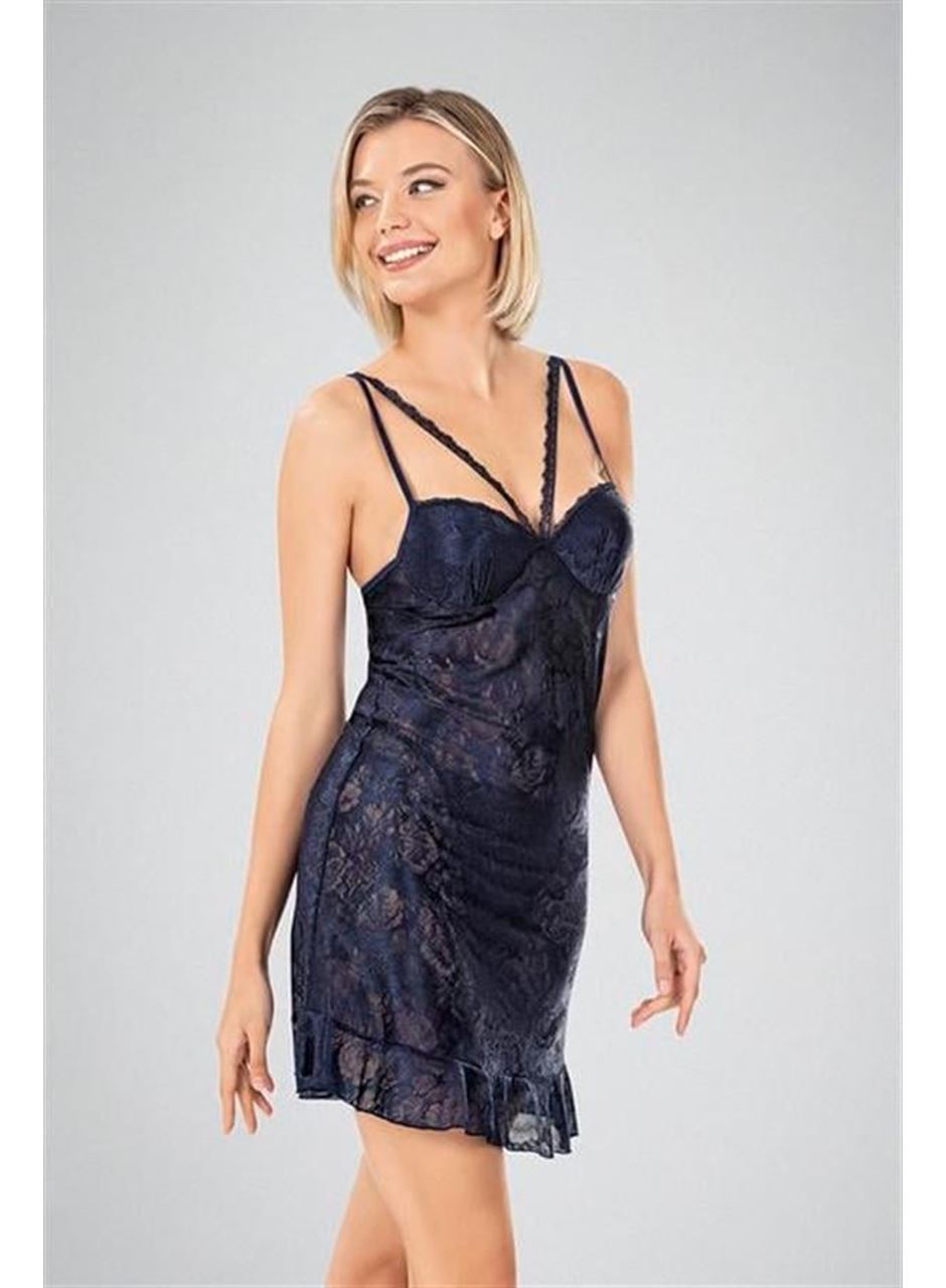 Lacivert Dantel İşlemeli 2'li Sabahlık Takımı