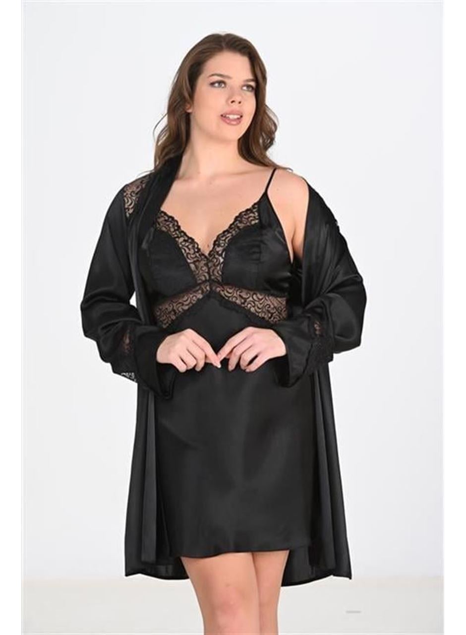 Büyük Beden 2li Siyah Sabahlık Takımı Bigsize