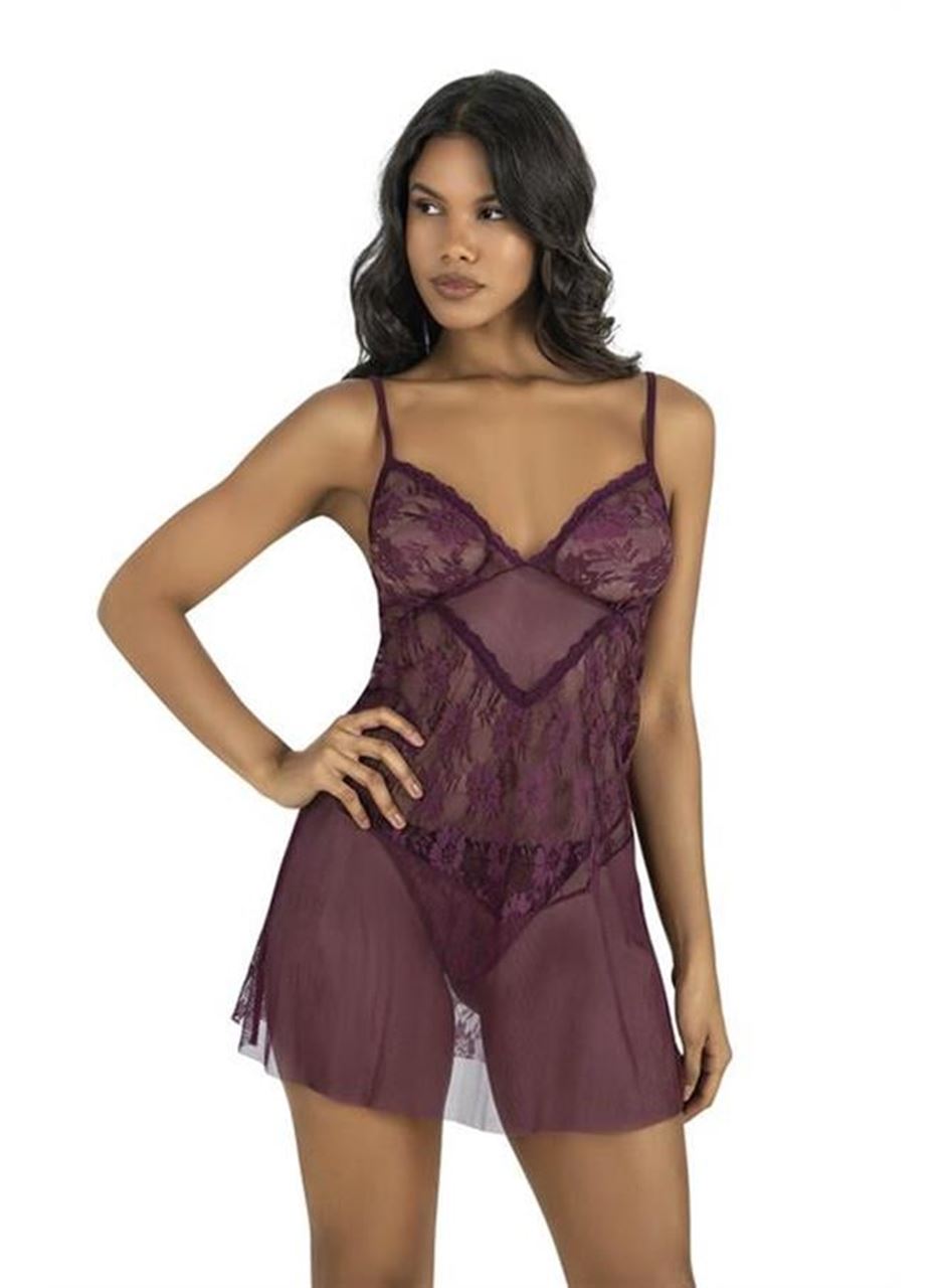 Dantel İşlemeli Mürdüm Kısa Tül Gecelik