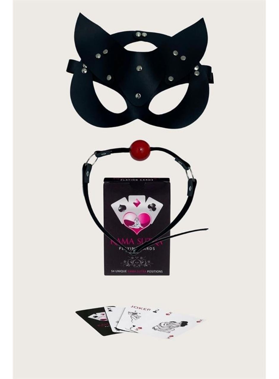 Sexy Görselli Oyun Kartı Kama Sutra Siyah Ağız Topu Maske Set