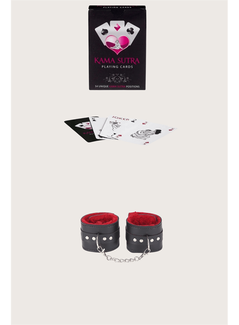 Sexy Görselli Oyun Kartı Kama Sutra Siyah Kırmızı Kelepçe Set