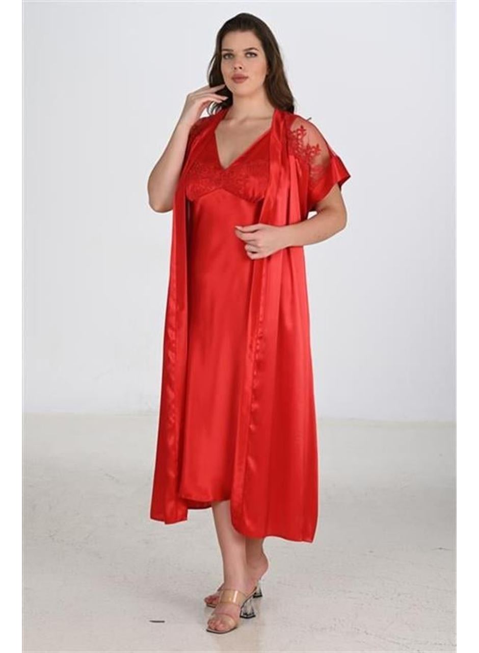 2li Kırmızı Sabahlık Takımı Bigsize 6226