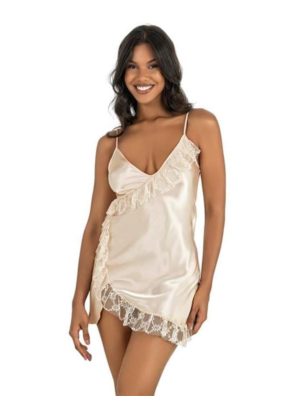 Fildişi Kısa Saten Gecelik 8229