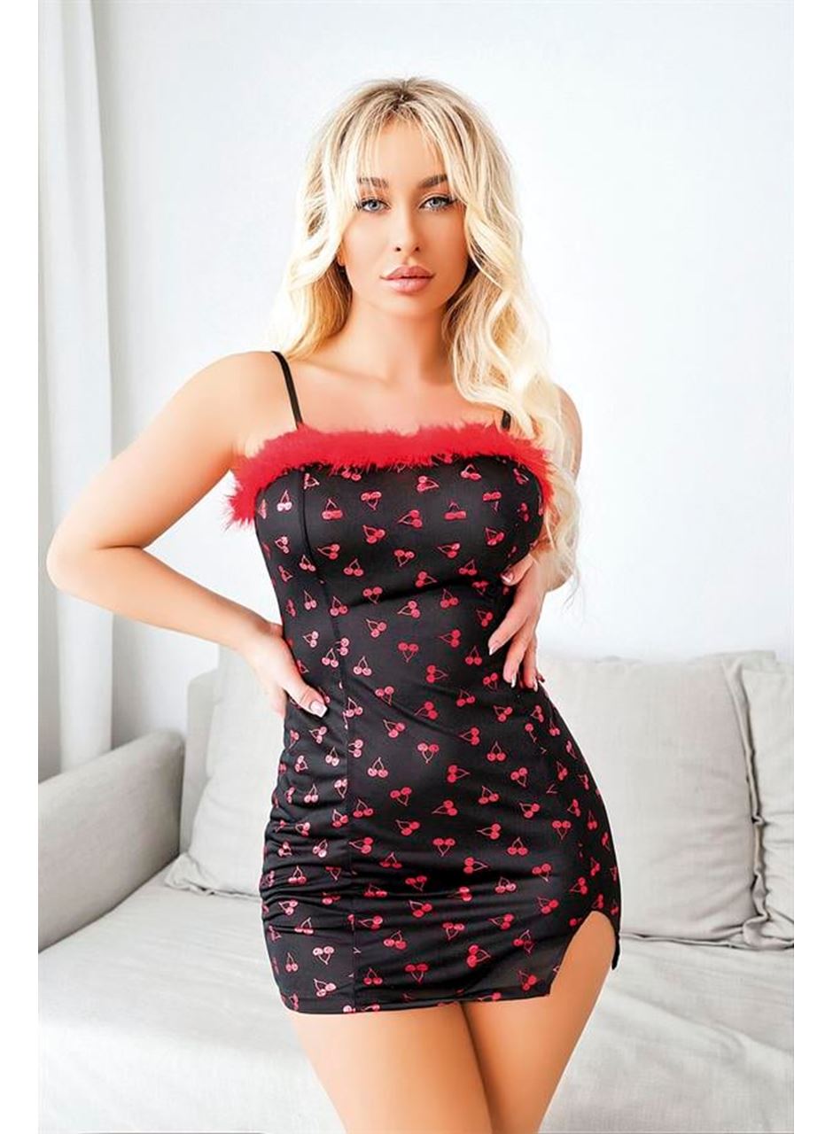 Kiraz Desenli Peluş Detaylı Mini Fantezi Gecelik